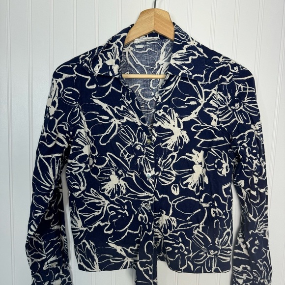 Panama Jack Top Small Women Navy Blue White Floral Long Sleeve Linen Breathable - Picture 2 of 9